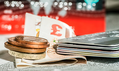 Image showing Coins, credit cards and british pounds on newspaper