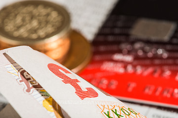 Image showing Coins, credit cards and british pounds on newspaper