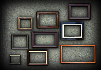 Image showing green grungy wall full of frames