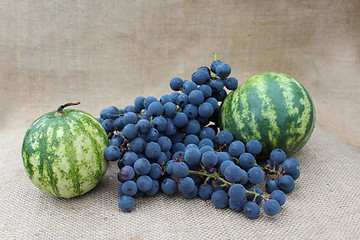 Image showing still life from two watermelons and grape