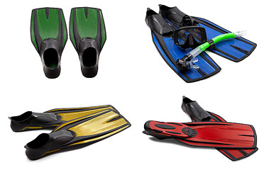 Image showing Set of multicolored swim fins, masks, snorkel for diving with wa