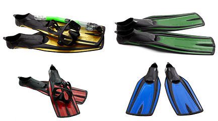 Image showing Set of multicolored swim fins, mask and snorkel for diving