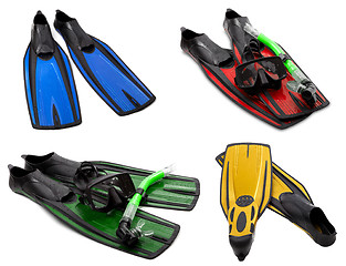 Image showing Set of multicolored flippers, mask, snorkel for diving with wate