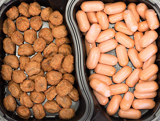 Image showing sausages and burgers close up