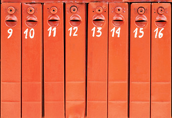 Image showing eight old mail boxes background