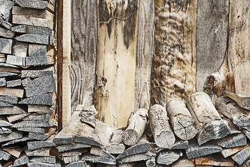 Image showing fire wood pile near the plank wall