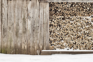 Image showing plank wall and pile of fire woods background