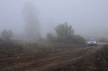 Image showing Car on the Dirt Road on the Foggy Day