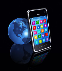 Image showing Smartphone with apps icons And World Globe