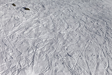 Image showing Traces of skis and snowboards on off-piste slope