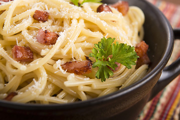 Image showing Pasta Carbonara with bacon and cheese