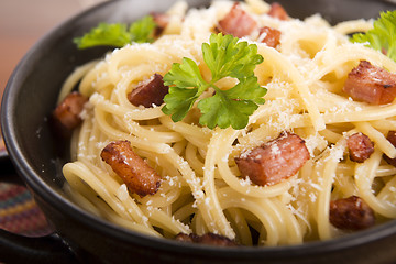 Image showing Pasta Carbonara with bacon and cheese