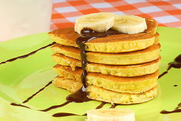 Image showing Heart shaped pancakes with chocolate sauce and banana