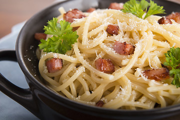 Image showing Pasta Carbonara with bacon and cheese