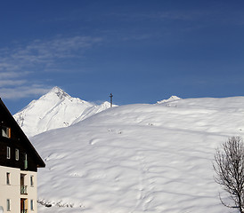 Image showing Off-piste slope and hotel in winter mountains