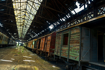 Image showing Cargo trains in old train depot