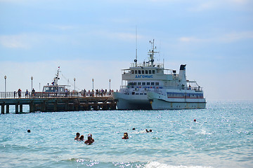 Image showing Sea entertainments. The ship Dagomys on pier.