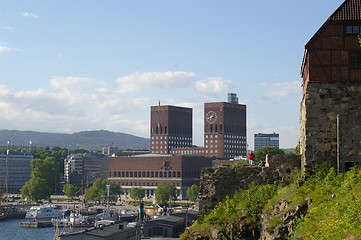 Image showing Oslo city hall seen from Akershus fortress.