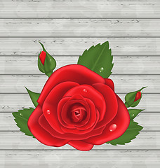 Image showing Close-up red rose for Valentine Day on wooden background