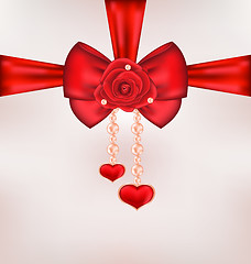 Image showing Red bow with rose, heart, pearls for card Valentine Day