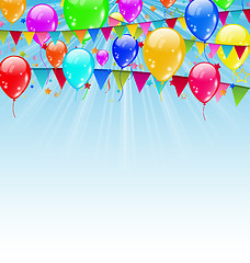 Image showing Holiday background with birthday flags and confetti in the blue 