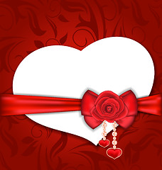 Image showing Card heart shaped with silk bow and red rose for Valentine Day