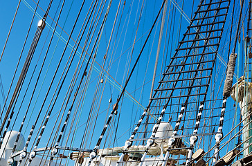 Image showing Blocks and rigging at the old sailboat, close-up