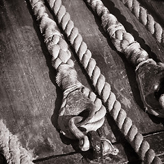 Image showing The ropes braided in bays on an ancient sailing vessel