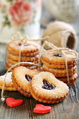 Image showing Biscuits and marzipan red hearts.