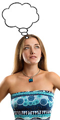 Image showing Woman in Blue Dress with Thought Bubble