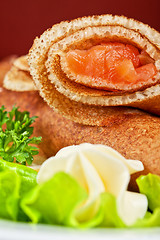 Image showing Pancakes with salmon