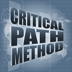 Image showing critical path method words on digital screen with world map