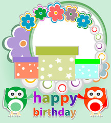 Image showing birthday party card with cute birds and owl on trees and flowers