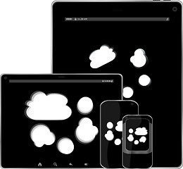 Image showing mobile smart phone and digital tablet pc with cloud on the screen