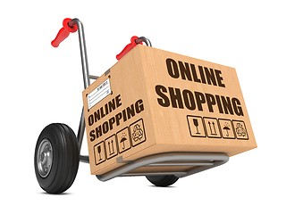 Image showing Online Shopping - Cardboard Box on Hand Truck.