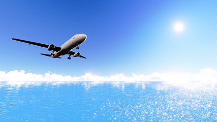 Image showing Airplane over the sea