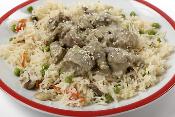 Image showing Creamy lamb korma and rice closeup