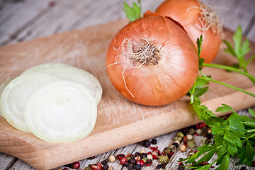 Image showing fresh onions, parsley and peppercorns