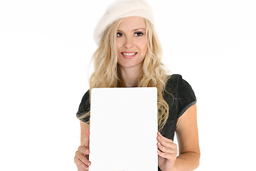 Image showing Woman holding sign, brochure, message