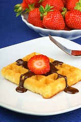 Image showing Waffle with chocolate and strawberry