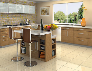 Image showing Wood and stainless steel kitchen