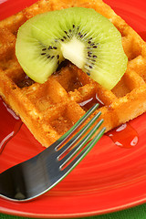 Image showing Waffle with kiwi fruit and syrup