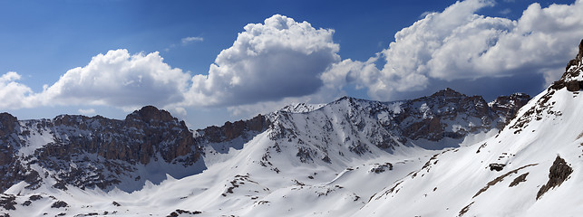 Image showing Panorama of snow mountains in spring