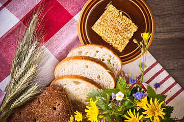 Image showing Still life with honeycombs, flowers and pot 