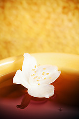 Image showing Cup of tea with a flower of a jasmin and honey