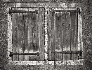 Image showing Old window shutters, a black and white photo 