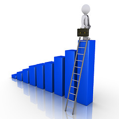 Image showing Businessman standing on top of chart with ladder