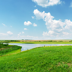 Image showing green grass, river and clouds in blue sky