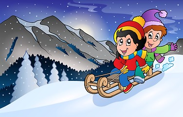 Image showing Children on sledge in winter