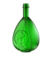 Image showing Green bottle for whisky or cognac with recycling symbol isolated